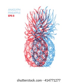 Pineapple illustration. Anaglyph hipster pineapple print. Vector illustration