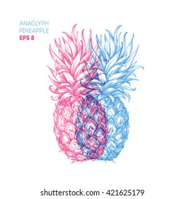 Pineapple illustration. Anaglyph hipster pineapple print. Vector illustration