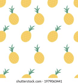 Pineapple illustration in doodle style seamless pattern on white background for fashion print, gift wrapping paper, wallpaper etc.