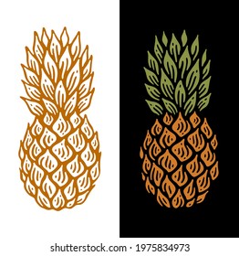pineapple illustration with doodle vintage style in dark and light background isolated
