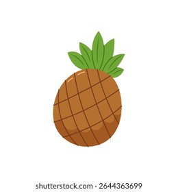 Pineapple illustration in flat style. Yellow pineapple with green leaves on white background