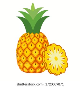 Piña. Ilustración de fruta de piña con un estilo de caricatura aislado en blanco. frutos de verano, para una vida sana y natural,