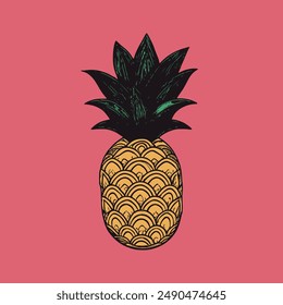 Pineapple illustration isolated on pink background, hand made drawing