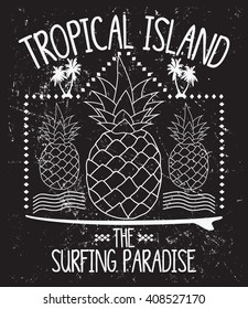 Pineapple illustration, Tropical island vector print and varsity. For t-shirt or other uses in vector.T shirt graphic