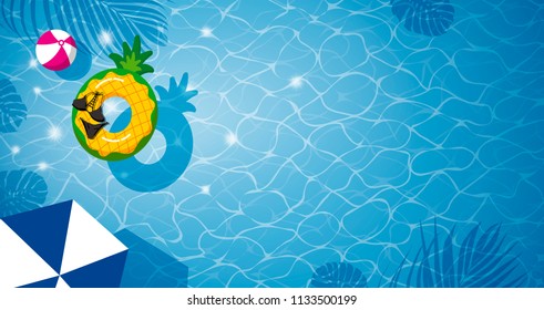 Pineapple inflatable in swimming pool with shadow tropical leaves vacation summer vector illustration