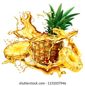 Pineapple into of burst splashes of juices on white. Vector illustration