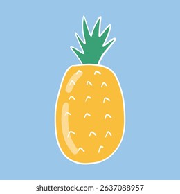 Pineapple isolated design element, naive doodle style outline illustration, bright yellow tropical fruit on light blue background