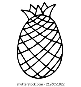 Сute pineapple isolated on white background. Vector illustration. Hand drawn simple ananas doodle clipart. Summer tropical fruit. Perfect for menu, poster, food banner, coloring book.