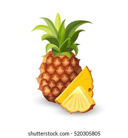 Pineapple isolated on white. Tropical healthy tasty fruit, sweet ananas. Ananas pineapple slices. Healthy food concept. Organic fresh gourmet pineapple. Botanical illustration. Flat style. Vector