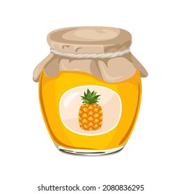 Mermelada de piña en frasco de vidrio aislado sobre fondo blanco. Mermelada de fruta tropical dulce. Ilustración de comida vectorial en estilo plano de caricatura.