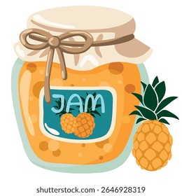 Engarrafamento de abacaxi em um frasco de vidro em um fundo branco.  Uma sobremesa de frutas para café da manhã e doces. Desenho vetorial feito à mão.