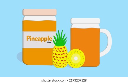 Pineapple jam on jar and juice cartoon vector illustration with pineapple fruit