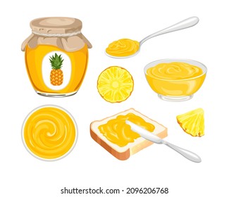 Pineapple jam set. Yellow marmalade spread on piece of toast bread, knife, glass jar with jelly, spoon, bowl and fresh fruit slices isolated on white background. Vector cartoon flat illustration.