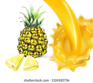 pineapple and juice 3d realistic isolated illustration vector