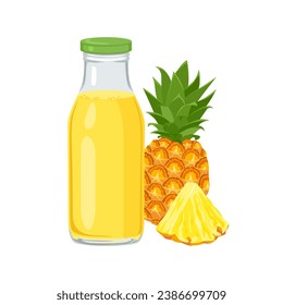 Ananas-Saft in Flasche einzeln auf weißem Hintergrund. Vektorgrafik-Illustration von frischem tropischem Obstgetränk.