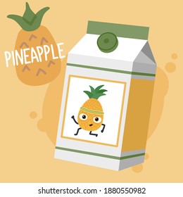 Pineapple juice box carton with cute pineapple character.Vector illustration.