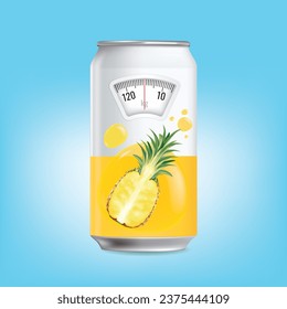 Pineapple juice can with a weight scale. Diet concept. Vector.