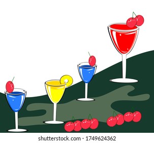 Pineapple juice and cherries and a bottle of wine on two green and white backgrounds