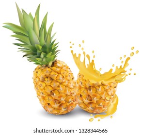 Pineapple juice close-up. Fresh pineapple juice. Splash with pineapple on a white background. Vector graphics. Realistic pineapple.
