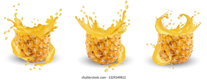 Pineapple juice close-up. Fresh pineapple juice. Splash with pineapple on a white background. Vector graphics.