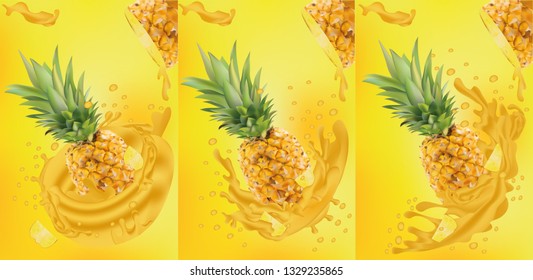 Pineapple juice close-up. Fresh pineapple juice. Splashes with pineapple. Vector graphics.