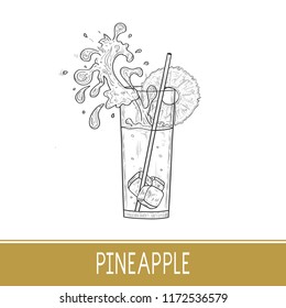 Pineapple juice, cocktail. A glass, straws, pineapple, ice. Sketch. Monochrome