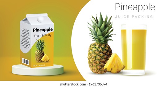 Pineapple Juice Drink Carton Mockup In 3d Illustration. Plastic Juice Bottle Brand Concept Isolated. Bottle Label, Package Template Design, Label Design, Mock Up Design Label Template