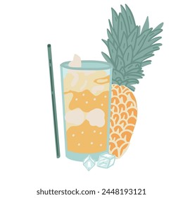 Pineapple juice flat design with ice cubes and fruit