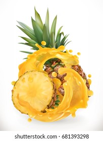 Pineapple juice. Fresh fruit. 3d realism, vector icon