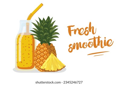 Pineapple juice in glass bottle with straws. Pineapple fresh. Cocktail smoothie. Template for menu or banner for healthy eating. Fresh energetic drink for healthy life. Vector flat design. 