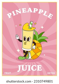 Pineapple juice glass character in comic cartoon style on striped sunburst background. Hand drawing of funny mascot in retro style. Template vector illustration for posters, covers and prints