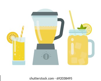 Pineapple juice in a glass with straws, pineapple juice in a blender and a yellow cocktail in a jar with a slice of lemon and a mint leaf  vector flat material design isolated on white