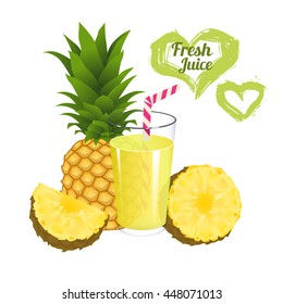 Pineapple juice isolated on white background. Glass of fresh ananas juice vector