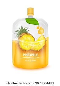 Pineapple Juice Jelly Drink In Foil Pouch With Top Cap And Design Of Pineapple Fruit Red Packaging Mock Up. Isolated On A White Background. Realistic 3D Vector EPS10 Illustration.