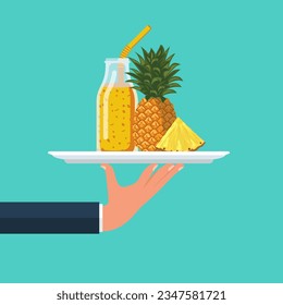 Ananas-Saft auf dem Kellerfach in Glasflasche mit Stroh. Ananas frisch. Cocktail-Smoothie. Vorlage für Menü oder Banner für gesundes Essen. Trink für ein gesundes Leben. Vektorflachdesign. 