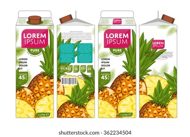 Pineapple juice pack. Sweet tropical fruit drink packaging design vector branding template. Fresh exotic beverage in cardboard container. Pineapple juice pack front, side and back view illustration
