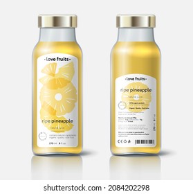 Pineapple juice packaging. Beautiful transparency whole and cut fruits. Bottle template with face and back labels. 