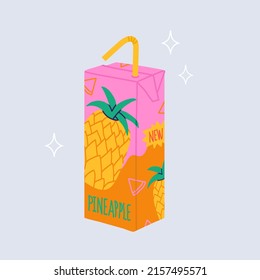 Pineapple juice in paper box with plastic pipe. Fresh drink in colorful cartoon style. Tropical fruit beverage package design. Isolated vector template