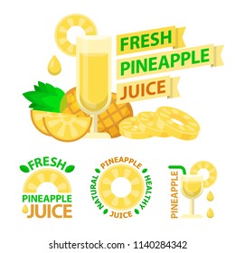 Pineapple juice and slices. Badge and emblems of pineapple juice for fit and healthy life. Vector elements made in flat style.