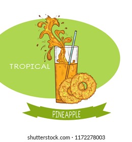 Pineapple juice, smoothies. Glass, straw, share of pineapple. Sketch. Color pattern.