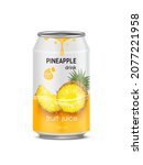 Pineapple juice soft drink in aluminum can and design of pineapple fruit yellow packaging mock up.  Isolated on a white background. Realistic vector EPS10 illustration.