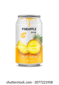 Pineapple juice soft drink in aluminum can and design of pineapple fruit yellow packaging mock up.  Isolated on a white background. Realistic vector EPS10 illustration.