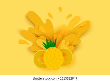 pineapple juice splashes and drops in a paper cut style. pineapple slices and paper slices. soft shadows and rich bright colors. stock vector illustration.