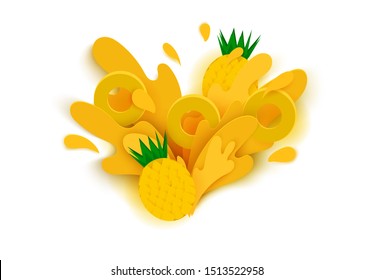 pineapple juice splashes and drops in a paper cut style. pineapple slices and paper slices. soft shadows and rich bright colors. stock vector illustration.