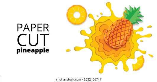 Pineapple juice splashes and drops in a paper cut style. Pineapple slices and paper slices.Isolated on white background vector illustration. Vector paper cut poster, banner, design template, origami