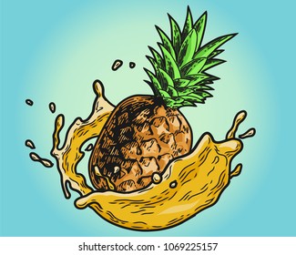 Pineapple with juice splashing. Vintage vector engraving illustration for web, poster. Hand drawn design element isolated on blue background.