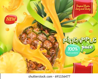 Pineapple Juice. Sweet Tropical Fruits. 3d Realistic Vector, Package Design