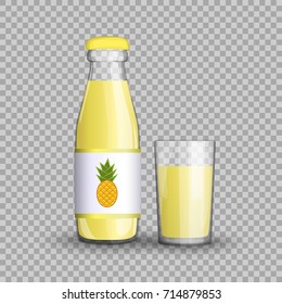 Pineapple juice in a transparent glass bottle isolated on transparent background. Vector illustration of summer healthy, veggie exotic fruit drink packaged with vitamins for your projects