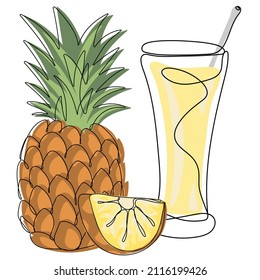Pineapple juice. Trendy vector illustration of fruit and juice in minimalist line art style.