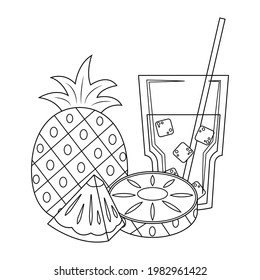 Ilustración vectorial del jugo de piña aislada en fondo blanco. página de dibujos animados vectores de zumo de piña y piña.